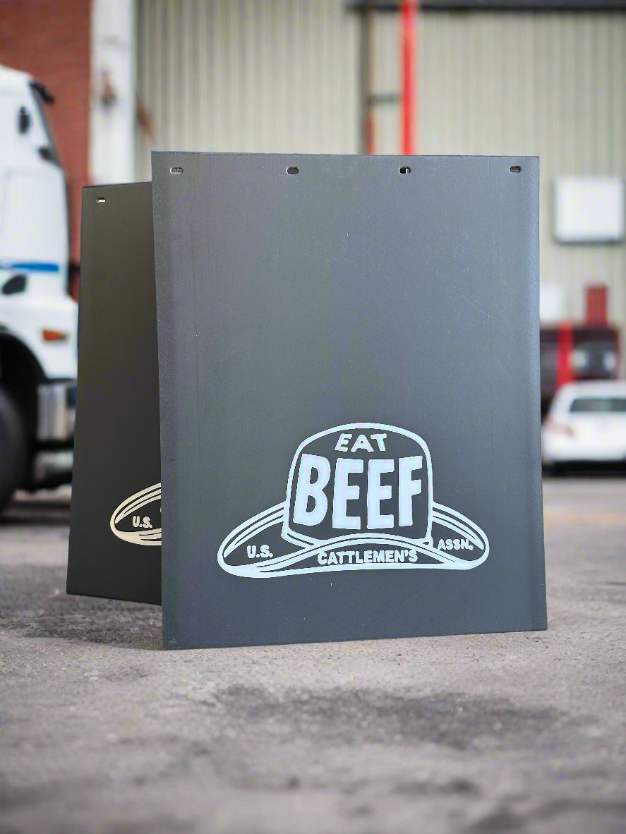 mudflap with 'Eat Beef' logo in a warehouse setting