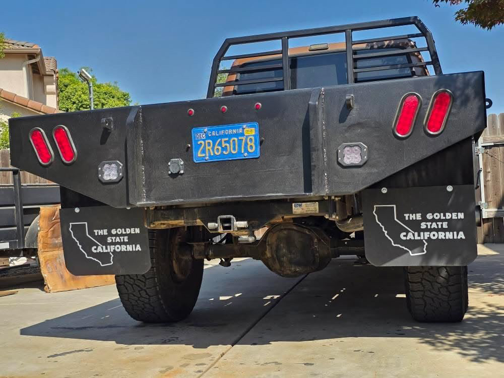 Pickup fitted with vintage inspired California Golden State mudflaps