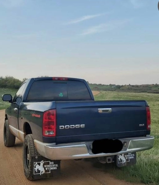 Blue Dodge with Big Wonderful Wyoming mudflaps