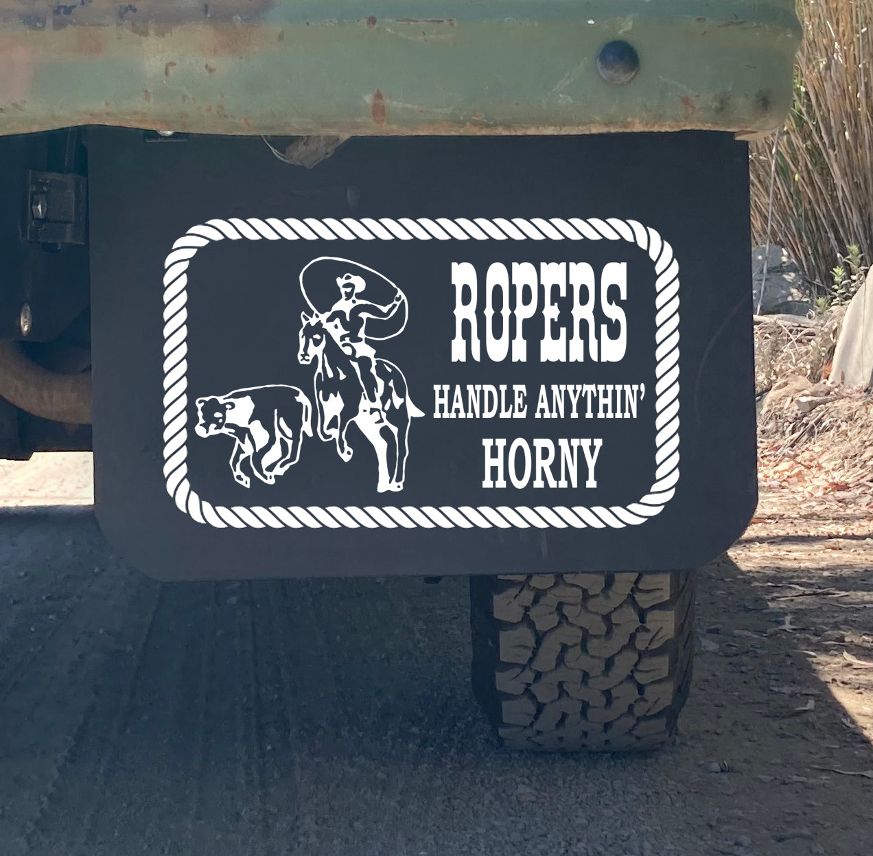 Classic truck fitted with old school ROPER’S HANDLE ANYTHIN’ mudflaps