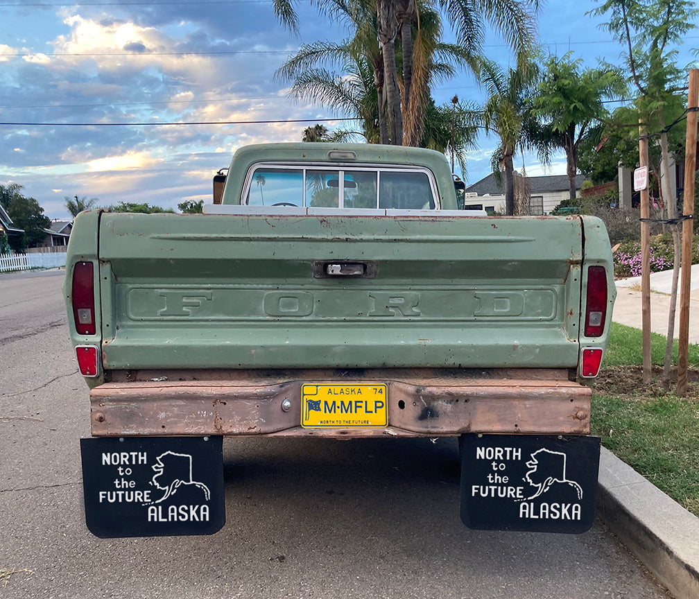 Old school pickup with Alaska North to the Future mudflaps
