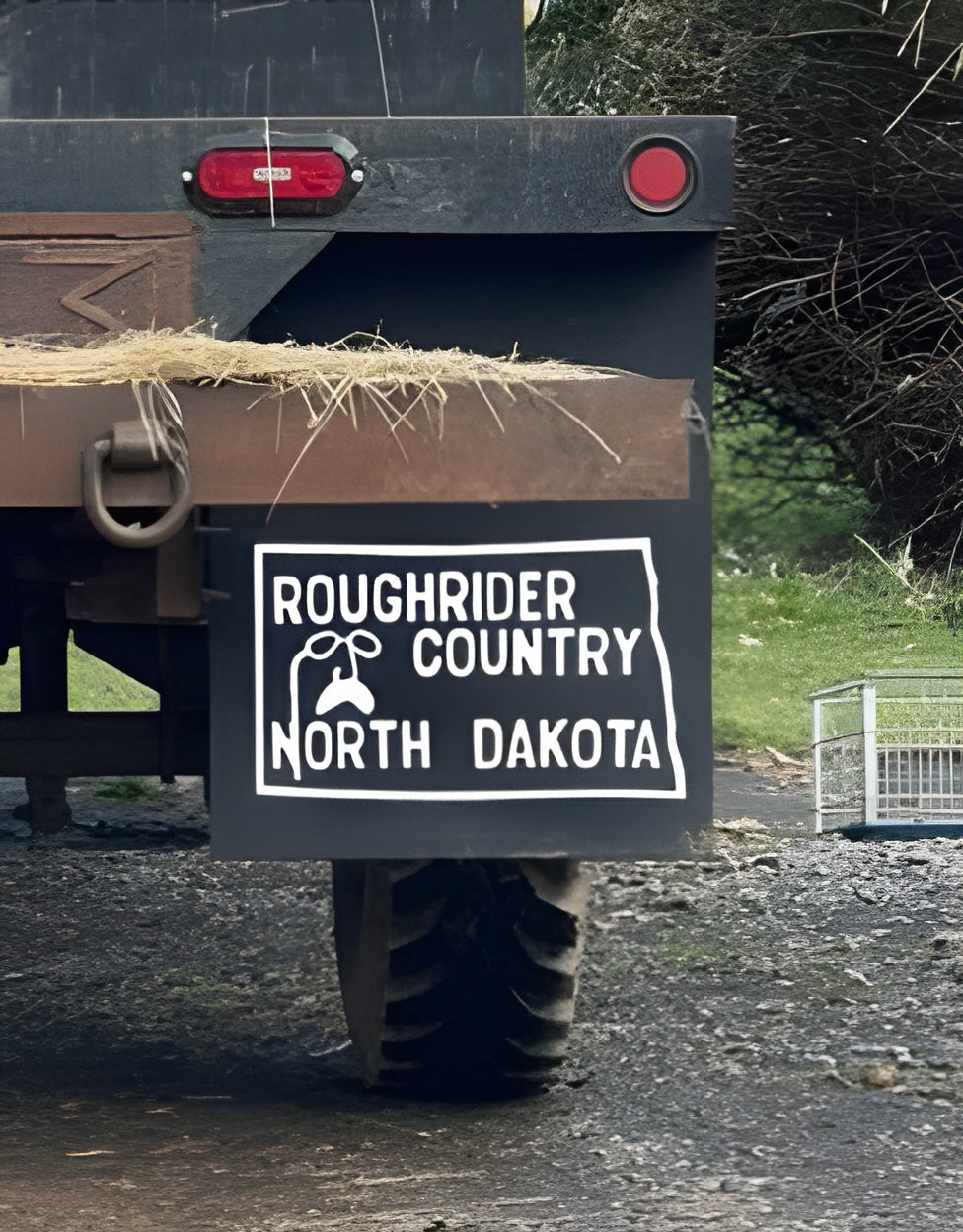 Pickup truck with retro North Dakota Roughrider mudflaps